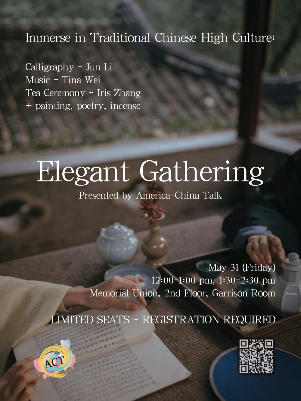 A flyer for the upcoming event, the text of which is written out above. the background is a close up of an elegant tea