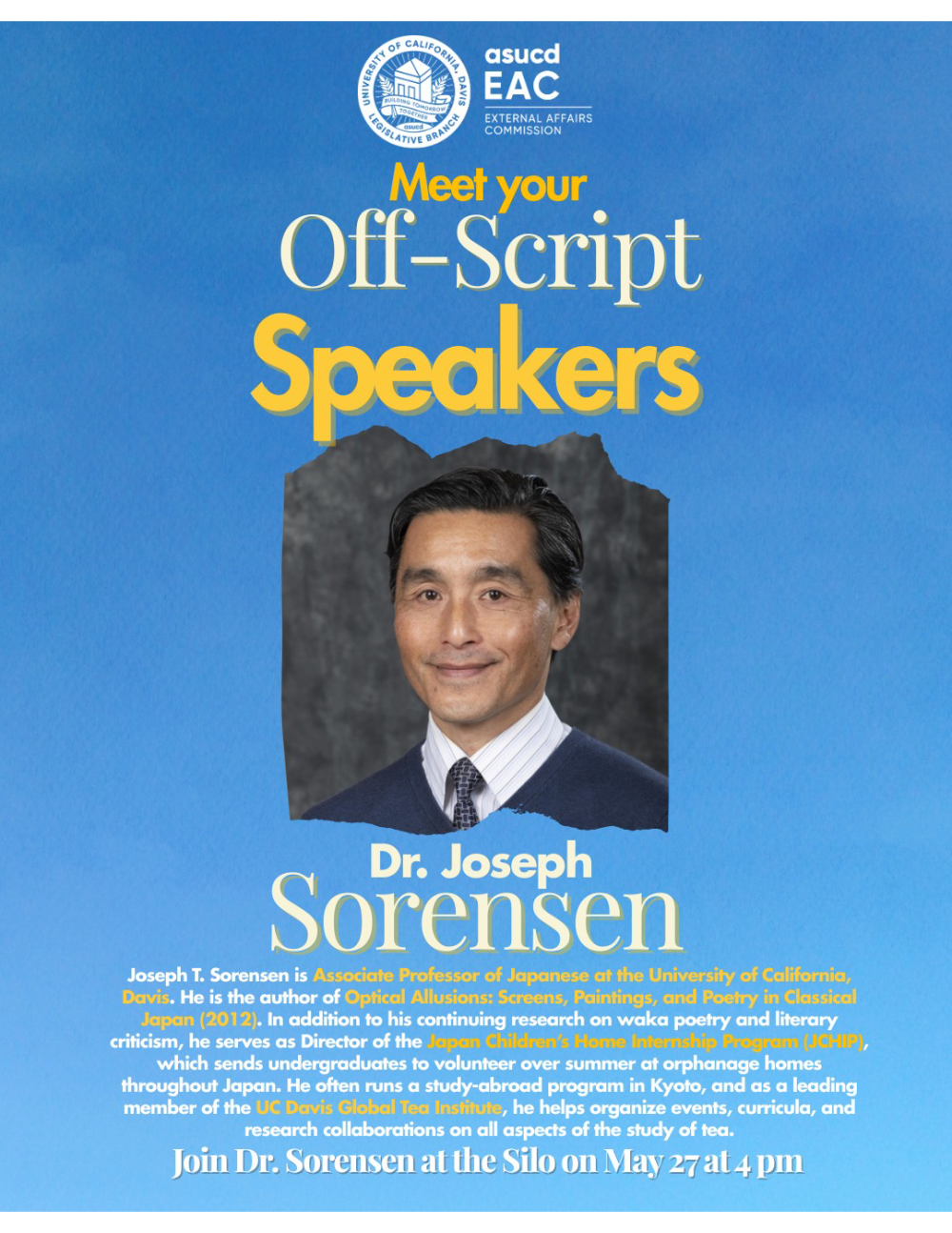 A flyer for Off Script Speaker, with a photo of Dr. Joseph Sorensen.